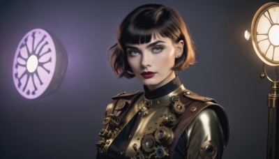 1girl,solo,looking at viewer,short hair,bangs,blue eyes,black hair,jewelry,closed mouth,green eyes,upper body,earrings,blunt bangs,armor,lips,gradient,gradient background,bodysuit,makeup,bob cut,lipstick,shoulder armor,nose,red lips,stud earrings,steampunk,simple background,brown hair,eyelashes,staff,eyeshadow,realistic,clock,eyeliner,mascara