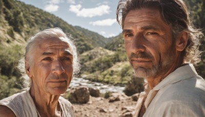 looking at viewer,smile,short hair,brown hair,shirt,1boy,brown eyes,closed mouth,white shirt,upper body,white hair,male focus,outdoors,multiple boys,sky,day,collared shirt,cloud,2boys,blurry,tree,blue sky,blurry background,facial hair,scar,portrait,beard,realistic,mustache,stubble,manly,old,old man,black hair,grey hair,black eyes,depth of field,messy hair,nature,curly hair,rock,mountain,wrinkled skin