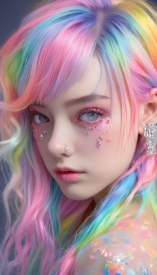 1girl,solo,long hair,looking at viewer,bangs,simple background,jewelry,closed mouth,blue hair,upper body,pink hair,multicolored hair,earrings,from side,lips,grey eyes,eyelashes,aqua hair,gradient hair,makeup,swept bangs,piercing,lipstick,portrait,close-up,eyeshadow,freckles,pink lips,multicolored eyes,realistic,nose,red lips,eyeliner,colorful,mascara,nose piercing,rainbow hair,blue eyes,artist name,tattoo,watermark,wavy hair,gem,ear piercing,web address,pearl (gemstone)