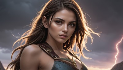 1girl,solo,long hair,breasts,looking at viewer,brown hair,cleavage,bare shoulders,brown eyes,closed mouth,upper body,outdoors,sky,cloud,armor,lips,cloudy sky,portrait,realistic,nose,lightning,backlighting,electricity