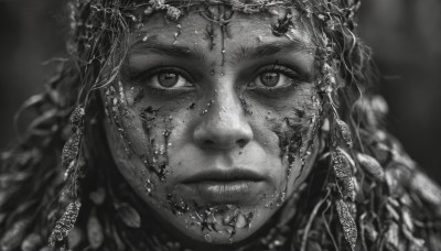 1girl,solo,long hair,looking at viewer,jewelry,closed mouth,monochrome,greyscale,blurry,lips,eyelashes,depth of field,blurry background,portrait,close-up,freckles,circlet,realistic,straight-on,hair ornament,artist name,veil