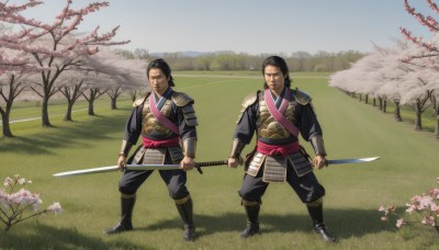 black hair,holding,standing,weapon,flower,male focus,outdoors,japanese clothes,multiple boys,sword,2boys,holding weapon,armor,tree,sash,facial hair,siblings,holding sword,katana,grass,cherry blossoms,shoulder armor,dual wielding,mustache,japanese armor,brothers,samurai,1girl,long hair,short hair,1boy,closed mouth,full body,sky,day,pants,kimono,blue sky,black pants,sheath,pink flower,pauldrons,arms at sides,field,sode