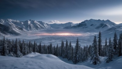 outdoors,sky,day,cloud,tree,blue sky,no humans,cloudy sky,nature,scenery,snow,forest,mountain,sun,winter,bare tree,landscape,mountainous horizon,sunrise,pine tree,sunlight,sunset,lake