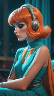 1girl,solo,breasts,short hair,bangs,blue eyes,gloves,dress,bare shoulders,jewelry,medium breasts,sitting,small breasts,sleeveless,belt,artist name,cape,orange hair,blurry,bracelet,covered nipples,from side,lips,eyelashes,makeup,blurry background,headphones,watermark,lipstick,eyeshadow,freckles,curly hair,nose,red lips,mascara,orange cape,blush,closed eyes,sleeveless dress,blue dress,green dress,aqua dress