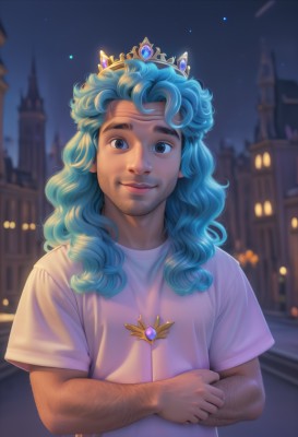 solo,long hair,looking at viewer,smile,blue eyes,shirt,1boy,jewelry,closed mouth,blue hair,white shirt,upper body,short sleeves,male focus,outdoors,sky,blurry,lips,night,depth of field,blurry background,facial hair,thick eyebrows,tiara,crown,t-shirt,building,gem,star (sky),night sky,beard,starry sky,curly hair,circlet,city,stubble,city lights,arm hair,brown eyes,artist name