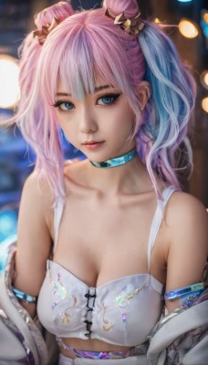 1girl,solo,long hair,breasts,looking at viewer,smile,bangs,blue eyes,hair ornament,cleavage,bare shoulders,twintails,jewelry,medium breasts,closed mouth,underwear,blue hair,collarbone,jacket,upper body,pink hair,multicolored hair,earrings,open clothes,choker,midriff,artist name,off shoulder,hair bun,bra,blurry,two-tone hair,open jacket,lips,streaked hair,crop top,eyelashes,double bun,makeup,blurry background,piercing,armlet,realistic,nose,mascara,large breasts,sidelocks,depth of field,blue choker