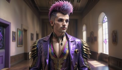 solo,looking at viewer,short hair,1boy,jewelry,closed mouth,collarbone,jacket,upper body,pink hair,purple hair,male focus,multicolored hair,earrings,parted lips,open clothes,choker,indoors,necklace,vest,collar,two-tone hair,open jacket,lips,looking to the side,window,piercing,formal,cross,pectorals,ear piercing,realistic,nose,door,purple jacket,stained glass,church,1girl,bangs,blue eyes,alternate costume,scar,very short hair,portrait (object)