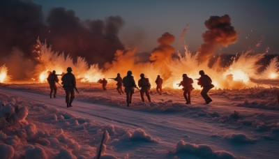 short hair,multiple girls,outdoors,multiple boys,sky,cloud,water,from behind,uniform,military,military uniform,ocean,6+girls,beach,fire,smoke,walking,6+boys,running,explosion,soldier,burning,war,holding,weapon,gun,rifle,silhouette,assault rifle,firing,rocket launcher,kalashnikov rifle