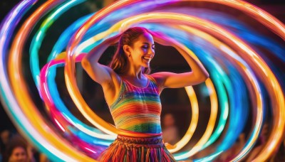 1girl,solo,long hair,smile,open mouth,blue eyes,skirt,brown hair,jewelry,upper body,earrings,sleeveless,solo focus,dark skin,armpits,blurry,arms up,dark-skinned female,watermark,tank top,multicolored clothes,dancing,colorful,realistic