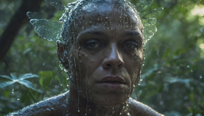 solo, looking at viewer, 1boy, closed mouth, male focus, outdoors, water, blurry, wet, blurry background, leaf, portrait, water drop, realistic