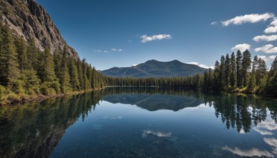 outdoors,sky,day,cloud,water,tree,blue sky,no humans,cloudy sky,nature,scenery,forest,reflection,mountain,river,landscape,lake,reflective water,fantasy