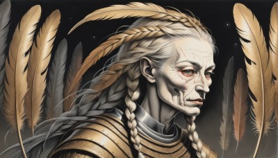 solo,long hair,looking at viewer,1boy,upper body,braid,white hair,male focus,parted lips,armor,twin braids,lips,grey eyes,colored skin,scar,feathers,black background,shoulder armor,pale skin,portrait,scar on face,white skin,cracked skin,blonde hair,simple background,brown eyes,closed mouth,grey hair,from side,gradient,gradient background,gold armor,multiple braids