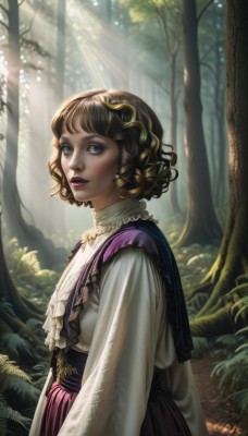 1girl,solo,looking at viewer,short hair,bangs,blue eyes,skirt,brown hair,shirt,hair ornament,long sleeves,dress,standing,white shirt,upper body,outdoors,frills,parted lips,day,from side,tree,lips,looking to the side,eyelashes,makeup,sunlight,grass,lipstick,nature,forest,curly hair,purple skirt,light rays,realistic,nose,red lips,sunbeam,dappled sunlight,blonde hair,brown eyes,plant