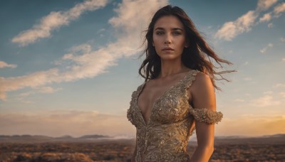 1girl,solo,long hair,breasts,looking at viewer,brown hair,black hair,dress,cleavage,bare shoulders,brown eyes,medium breasts,collarbone,upper body,small breasts,outdoors,sky,day,cloud,blurry,blue sky,lips,cloudy sky,wind,armlet,realistic,nose,parted lips,floating hair,sunlight,scenery,backlighting,sunset