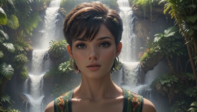 1girl,solo,looking at viewer,short hair,bangs,brown hair,black hair,hair ornament,bare shoulders,jewelry,collarbone,upper body,braid,earrings,outdoors,parted lips,teeth,day,artist name,dark skin,water,hair bun,dark-skinned female,lips,wet,grey eyes,eyelashes,leaf,plant,portrait,nature,freckles,realistic,nose,waterfall,moss,green eyes,piercing,sunlight