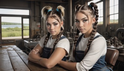 long hair,looking at viewer,blue eyes,multiple girls,brown hair,shirt,2girls,twintails,brown eyes,jewelry,sitting,closed mouth,white shirt,upper body,braid,short sleeves,earrings,day,indoors,mole,apron,twin braids,lips,grey eyes,mole under eye,window,siblings,chair,crossed arms,table,sisters,freckles,twins,realistic,hair tie,overalls,kitchen,sink,blue apron,bangs,multicolored hair,artist name,bracelet,two-tone hair,fingernails,sunlight,short twintails,t-shirt,forehead,nose,blue overalls,overall shorts