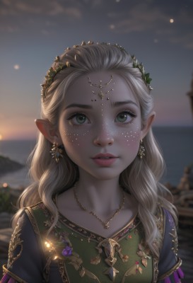 1girl,solo,long hair,looking at viewer,blonde hair,hair ornament,dress,jewelry,green eyes,collarbone,upper body,short sleeves,earrings,outdoors,parted lips,sky,pointy ears,artist name,cloud,necklace,blurry,lips,eyelashes,depth of field,blurry background,elf,gem,portrait,forehead,freckles,green dress,circlet,realistic,nose,fantasy,teeth,watermark,backlighting