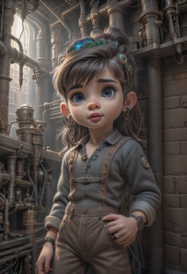 1girl,solo,long hair,looking at viewer,blue eyes,brown hair,shirt,black hair,hair ornament,long sleeves,jewelry,standing,ponytail,cowboy shot,earrings,parted lips,collared shirt,pants,indoors,nail polish,lips,buttons,ring,suspenders,blue shirt,child,grey shirt,freckles,science fiction,watch,hand in pocket,female child,wristwatch,overalls,brick wall,industrial pipe,steampunk,bracelet,hand on hip,makeup,aged down,blue nails,realistic,nose,cable,badge