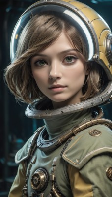 1girl,solo,looking at viewer,short hair,bangs,brown hair,brown eyes,closed mouth,green eyes,upper body,artist name,blurry,lips,bodysuit,blurry background,helmet,portrait,freckles,science fiction,realistic,nose,spacesuit,space helmet,astronaut,parted bangs,eyelashes,swept bangs,headgear,cable