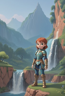 1girl,solo,looking at viewer,smile,short hair,bangs,brown hair,brown eyes,closed mouth,standing,full body,flower,boots,outdoors,sky,day,pointy ears,pants,medium hair,water,orange hair,armor,black eyes,tree,blue sky,grass,shoulder armor,gauntlets,nature,scenery,pauldrons,breastplate,rock,mountain,fantasy,blue pants,vambraces,armored boots,river,waterfall,cliff,parted lips