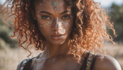 1girl,solo,long hair,looking at viewer,blonde hair,brown hair,brown eyes,jewelry,collarbone,upper body,outdoors,parted lips,day,dark skin,blurry,dark-skinned female,lips,eyelashes,depth of field,blurry background,wavy hair,portrait,curly hair,realistic,nose,forehead jewel,cyborg,bare shoulders,teeth,artist name,wind,messy hair,close-up,facepaint