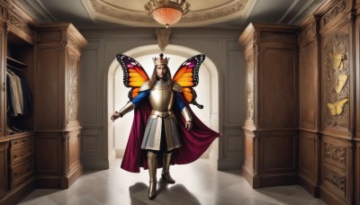 solo,long hair,black hair,1boy,standing,full body,male focus,boots,wings,indoors,cape,armor,facial hair,bug,crown,shoulder armor,butterfly,beard,pauldrons,door,butterfly wings,hallway,looking at viewer,brown hair,long sleeves,closed mouth,closed eyes,shadow,helmet,outstretched arms,facing viewer,robe,breastplate,mustache,armored boots,greaves,blue cape,pillar,column,gold armor