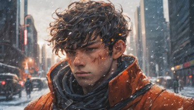 solo,looking at viewer,short hair,bangs,blue eyes,black hair,1boy,jacket,upper body,male focus,outdoors,blurry,black eyes,lips,blood,blurry background,ground vehicle,wind,building,portrait,motor vehicle,snow,blood on face,snowing,city,realistic,car,orange jacket,closed mouth,solo focus,artist name,signature,scarf,coat,looking to the side,injury,winter clothes,winter