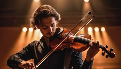 solo,short hair,blonde hair,brown hair,shirt,long sleeves,1boy,holding,closed eyes,upper body,male focus,indoors,dark skin,blurry,black shirt,blurry background,facial hair,instrument,curly hair,realistic,music,playing instrument,violin,bow (music),closed mouth,collared shirt,lips,depth of field,formal,suit,backlighting,light