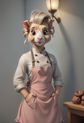 1girl,solo,looking at viewer,short hair,blue eyes,blonde hair,shirt,long sleeves,animal ears,standing,white shirt,cowboy shot,frills,food,artist name,indoors,apron,buttons,animal,table,furry,sleeves rolled up,mouse ears,hands in pockets,furry female,lamp,cookie,animal nose,mouse,whiskers,sleeves pushed up,pink apron,brown eyes,watermark,realistic,light bulb