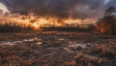 outdoors,sky,cloud,water,tree,no humans,sunlight,cloudy sky,grass,fire,nature,scenery,forest,smoke,reflection,sunset,mountain,sun,river,landscape,autumn,burning,campfire