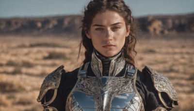 1girl,solo,long hair,looking at viewer,brown hair,1boy,brown eyes,closed mouth,upper body,male focus,outdoors,sky,day,armor,blurry,lips,blurry background,expressionless,shoulder armor,portrait,pauldrons,breastplate,realistic,chainmail,depth of field,desert