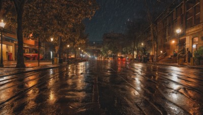 outdoors,sky,water,tree,dutch angle,no humans,window,night,ground vehicle,building,night sky,scenery,motor vehicle,reflection,rain,city,sign,car,light,road,bench,bridge,lamppost,street,puddle,cloud,signature,plant,lamp,dark,bare tree,pavement,crosswalk,real world location,vanishing point,sidewalk