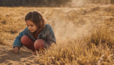 1girl,solo,long hair,brown hair,long sleeves,closed mouth,jacket,outdoors,barefoot,pants,blurry,night,depth of field,looking down,squatting,grass,denim,blue jacket,jeans,realistic,field,denim jacket,black hair,dark skin,dark-skinned female,wheat