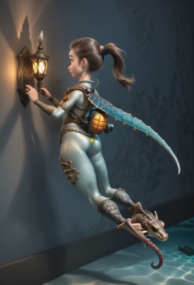 1girl,solo,long hair,brown hair,holding,brown eyes,full body,ponytail,weapon,ass,armor,bodysuit,profile,skin tight,lantern,cave,boots,water,bag,high heels,backpack,scales