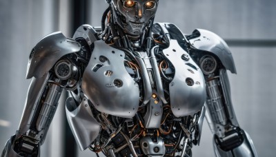 solo,looking at viewer,upper body,blurry,orange eyes,no humans,blurry background,glowing,robot,mecha,glowing eyes,science fiction,joints,cable,straight-on,robot joints,humanoid robot,smile,realistic,android,damaged,cyberpunk,mechanical parts,wire