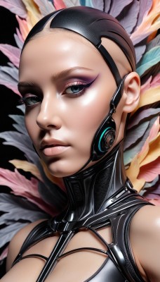 1girl,solo,breasts,looking at viewer,blue eyes,cleavage,bare shoulders,parted lips,shiny,lips,shiny skin,clothing cutout,eyelashes,makeup,feathers,lipstick,portrait,close-up,forehead,eyeshadow,headset,nose,eyeliner,very short hair,mascara,short hair,large breasts,black hair,upper body,realistic