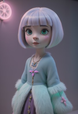 1girl,solo,looking at viewer,smile,short hair,bangs,blue eyes,long sleeves,dress,jewelry,green eyes,standing,flower,white hair,parted lips,blunt bangs,necklace,flat chest,aqua eyes,lips,coat,fur trim,eyelashes,makeup,bob cut,lipstick,purple dress,pendant,red lips,female child,blue hair,multicolored hair,watermark,facial mark,web address,freckles