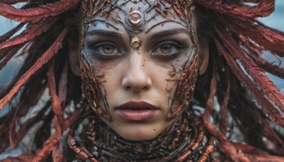 1girl,solo,long hair,looking at viewer,brown hair,black hair,hair ornament,brown eyes,jewelry,closed mouth,yellow eyes,necklace,mole,blurry,lips,eyelashes,makeup,depth of field,blurry background,expressionless,feathers,portrait,mole under mouth,close-up,freckles,realistic,nose,red lips,feather hair ornament,straight-on,tribal,green eyes,outdoors,sky,day,blue sky,headdress,mole on cheek