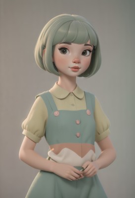 1girl,solo,looking at viewer,blush,smile,short hair,bangs,simple background,shirt,dress,brown eyes,closed mouth,standing,short sleeves,cowboy shot,green hair,puffy sleeves,collared shirt,artist name,blunt bangs,grey background,puffy short sleeves,lips,buttons,bob cut,thick eyebrows,freckles,green dress,yellow shirt,nose,pinafore dress,skirt,green eyes,upper body,own hands together,green skirt,realistic