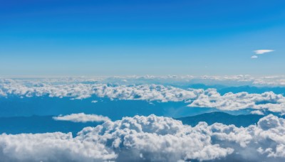 monochrome,outdoors,sky,day,cloud,blue sky,no humans,ocean,cloudy sky,scenery,blue theme,mountain,horizon,landscape,above clouds,water