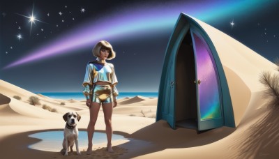 1girl,solo,short hair,blonde hair,brown hair,shirt,jewelry,standing,outdoors,sky,shorts,barefoot,dark skin,dark-skinned female,crop top,short shorts,night,ocean,animal,beach,blue shirt,star (sky),night sky,starry sky,dog,sand,arms at sides,space,planet,shooting star,desert,footprints,space helmet,blue eyes,full body,tree,lips,bare legs,bob cut,shiba inu