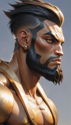 solo,short hair,simple background,black hair,1boy,brown eyes,jewelry,closed mouth,collarbone,upper body,male focus,earrings,dark skin,grey background,armor,from side,lips,gradient,looking to the side,gradient background,muscular,facial hair,scar,dark-skinned male,pectorals,muscular male,portrait,beard,mature male,realistic,nose,mustache,manly,yellow eyes,blue background,piercing,thick eyebrows,ear piercing,bara,scar on face,scar across eye,very short hair,undercut,pectoral cleavage,mohawk