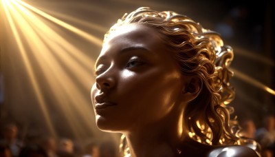 HQ,1girl,solo,long hair,smile,blue eyes,blonde hair,closed mouth,parted lips,solo focus,dark skin,blurry,dark-skinned female,lips,depth of field,blurry background,sunlight,looking up,portrait,curly hair,light rays,realistic,nose,light,crowd,very dark skin,dreadlocks,1boy,male focus,backlighting,freckles,looking afar,statue