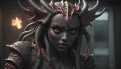 HQ,1girl,solo,long hair,looking at viewer,black hair,red eyes,brown eyes,parted lips,horns,dark skin,armor,blurry,lips,blurry background,colored skin,portrait,tentacles,tentacle hair,grey skin,alien,black skin,teeth,fangs,scar,facial mark,sharp teeth,realistic