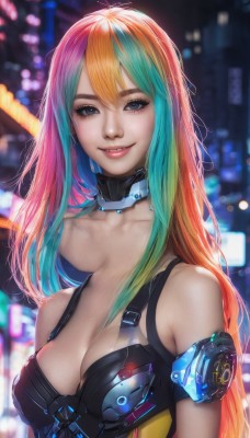 1girl,solo,long hair,breasts,looking at viewer,smile,bangs,blue eyes,blonde hair,large breasts,cleavage,bare shoulders,medium breasts,collarbone,upper body,pink hair,multicolored hair,parted lips,green hair,teeth,choker,orange hair,blurry,black eyes,two-tone hair,lips,eyelashes,aqua hair,gradient hair,makeup,depth of field,blurry background,nose,rainbow hair,hair between eyes,blue hair,outdoors,artist name,signature,armor,grin,streaked hair,head tilt,grey eyes,detached collar,night,watermark,building,web address,lens flare,eyeshadow,freckles,science fiction,pink lips,city,android,eyeliner,cyborg,bokeh,mascara,city lights,cyberpunk