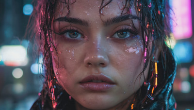 1girl, solo, looking at viewer, black hair, brown eyes, parted lips, blurry, lips, wet, blurry background, portrait, close-up, rain, realistic, nose, wet hair, cyberpunk