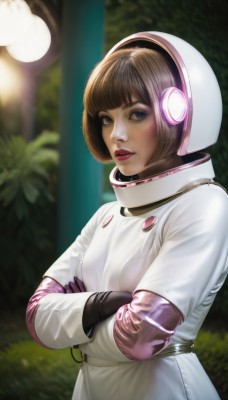 1girl,solo,looking at viewer,short hair,bangs,brown hair,gloves,brown eyes,standing,upper body,outdoors,parted lips,teeth,black gloves,artist name,signature,blunt bangs,blurry,tree,lips,makeup,blurry background,crossed arms,bob cut,helmet,science fiction,realistic,nose,bush,spacesuit,space helmet,astronaut,breasts,long sleeves,bodysuit,headphones,plant,lipstick,pink gloves