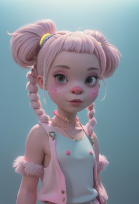 1girl,solo,long hair,looking at viewer,smile,bangs,simple background,hair ornament,bare shoulders,jewelry,green eyes,collarbone,upper body,pink hair,braid,small breasts,necklace,hair bun,black eyes,vest,twin braids,flat chest,lips,gradient,fur trim,gradient background,eyelashes,makeup,buttons,blue background,tank top,lipstick,eyeshadow,freckles,beads,red lips,mascara,skirt,shirt,twintails,parted lips,open clothes,teeth,sleeveless,choker,artist name,star (symbol),double bun,realistic,nose,bandaid on face,open vest