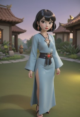 1girl,solo,breasts,looking at viewer,smile,short hair,bangs,black hair,long sleeves,dress,brown eyes,jewelry,closed mouth,standing,collarbone,full body,earrings,small breasts,outdoors,japanese clothes,sky,day,artist name,wide sleeves,kimono,necklace,nail polish,black footwear,lips,sash,makeup,toes,blue dress,shadow,obi,sandals,grass,lipstick,building,gem,pink nails,side slit,pendant,walking,toenails,arms at sides,blue kimono,toenail polish,red lips,architecture,house,east asian architecture,parted lips,tree,eyelashes,bird,plant,red nails,nose,bush,path,garden