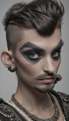 solo,looking at viewer,simple background,black hair,1boy,brown eyes,jewelry,closed mouth,male focus,earrings,dark skin,grey background,necklace,black eyes,lips,makeup,facial hair,thick eyebrows,portrait,beard,realistic,nose,mustache,goatee,facepaint,close-up